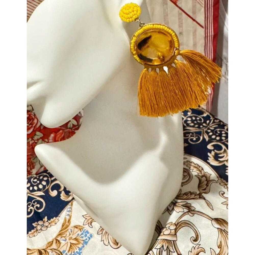 Yellow Beaded Stud and Mustard Tassel Statement Earrings